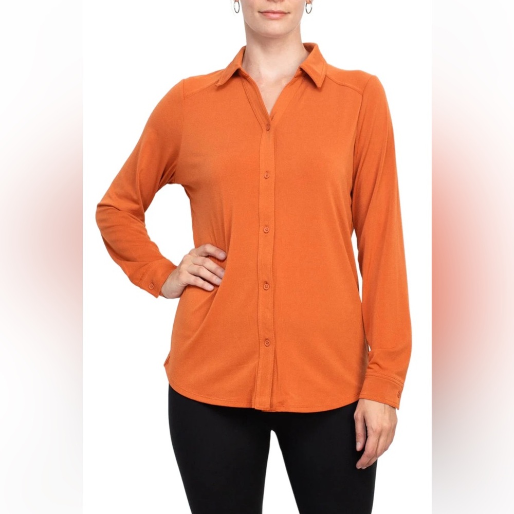 Adrianna Papell Woman’s Collared Long Sleeve Shirt ,Navy Blue Color, Size Large